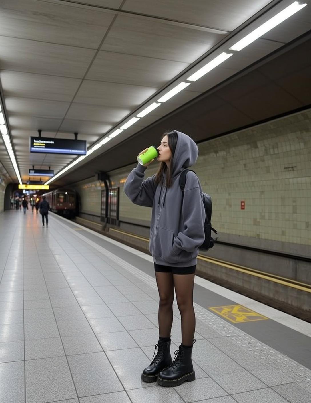 Acubi Stands Subway Platform Holding Bright Green