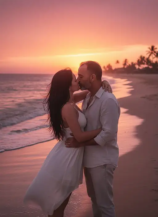 A beautiful sunset beach scene with two males kissing warmly as the sun sets on the horizon.