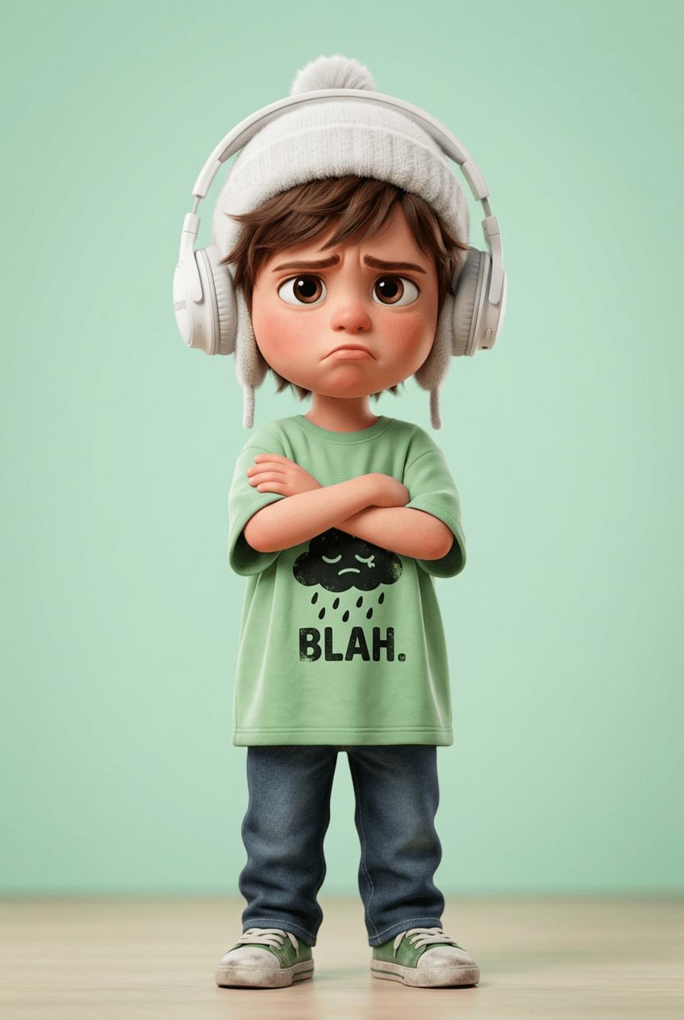 Sad Boy Pastel Green Studio Lighting Beanie Headphones reference photo
