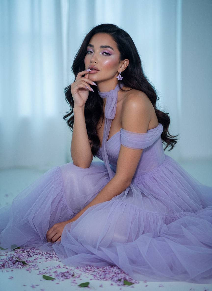 A woman with pastel makeup, long curls, wearing a lilac tulle gown, surrounded by lilac petals in soft morning light.
