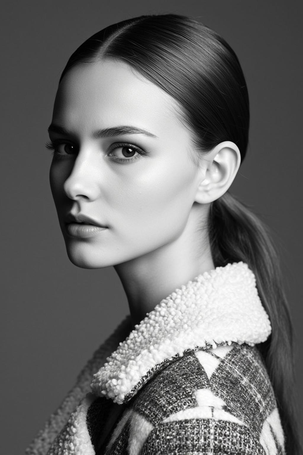 Photorealistic Black And White Medium Close-up Portrait Young Woman With