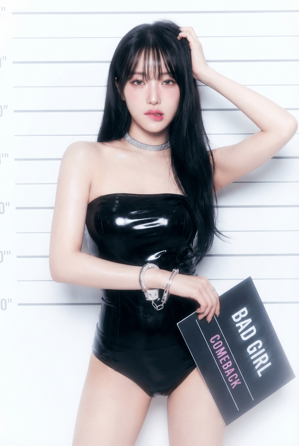 Kpop Idol Black Latex Bodysuit Diamond Handcuffs Ethereal Glow reference photo