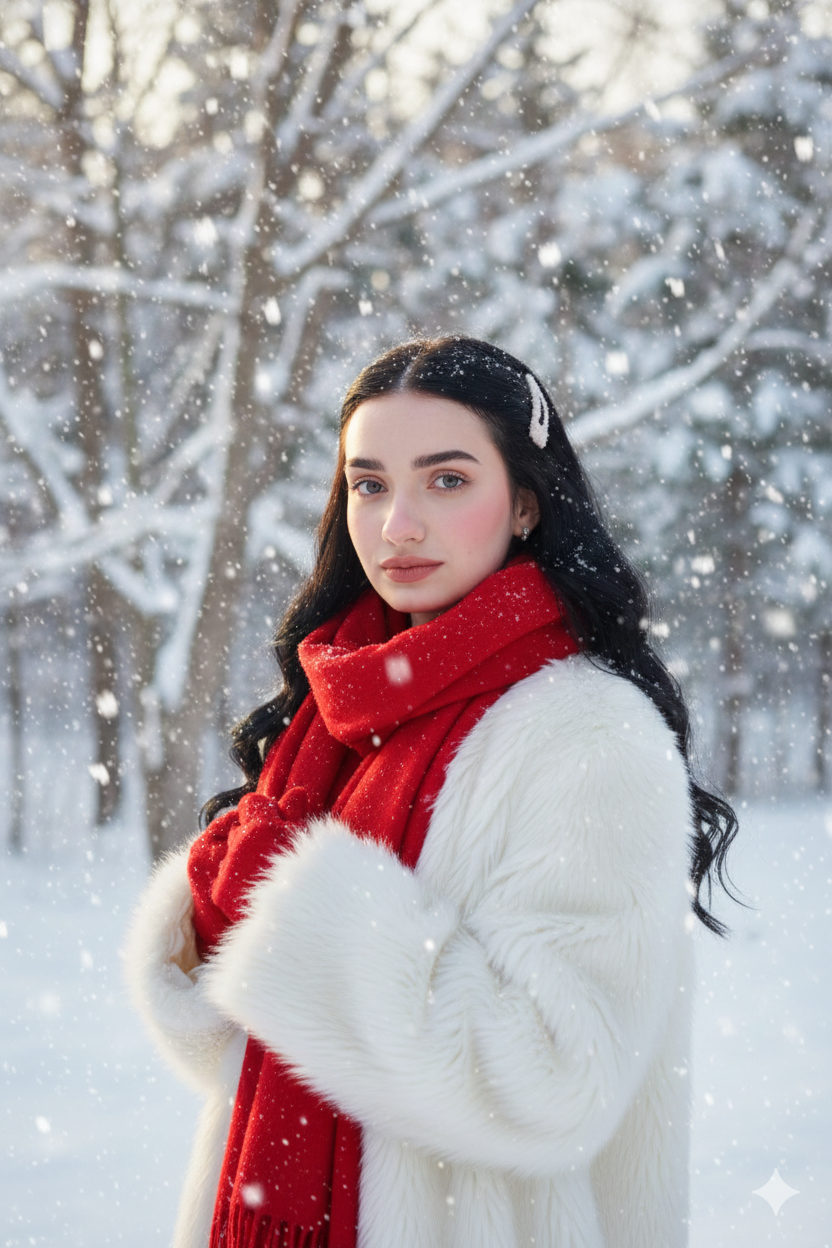 Young woman with long hair in a snowy landscape, wearing a faux fur coat and red scarf, surrounded by falling snowflakes.