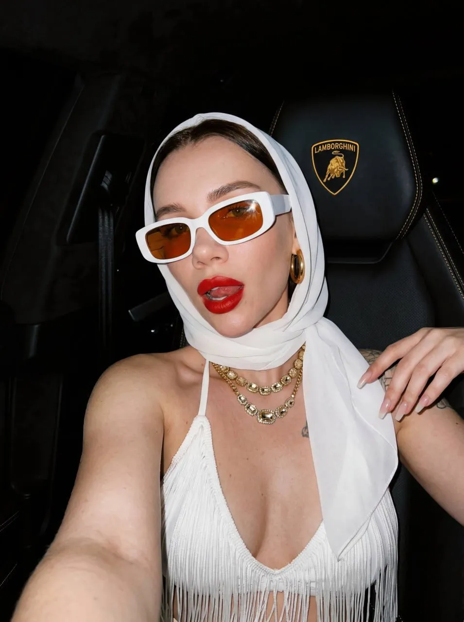 Sunglasses Makeup Earrings Necklace And Nails In Car Portrait
