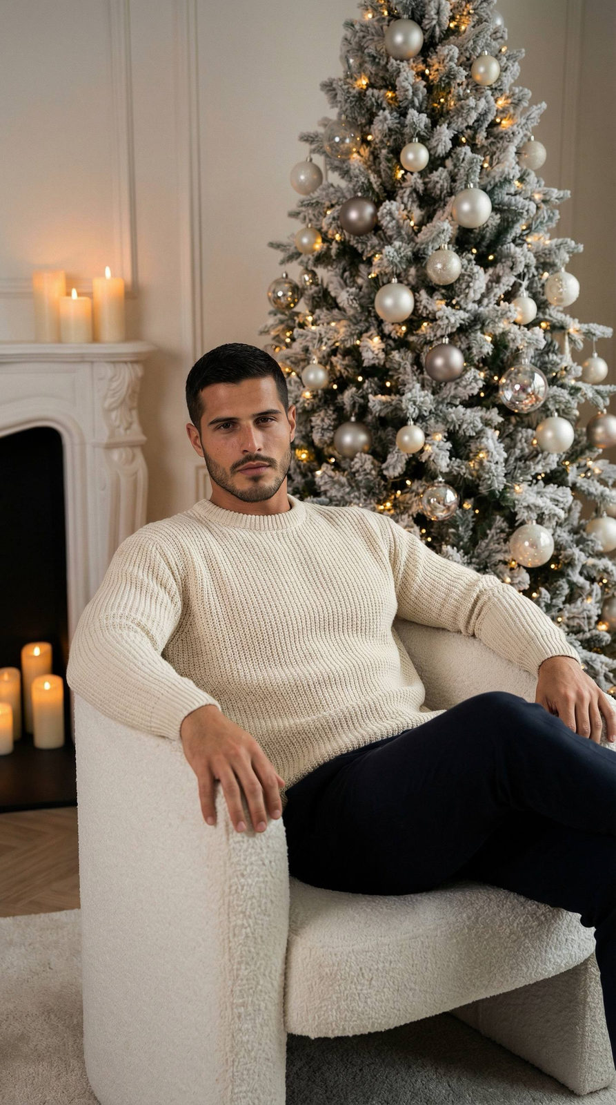 Cinematic holiday portrait of a person relaxed in a modern armchair, surrounded by soft festive decorations and a glowing fireplace.