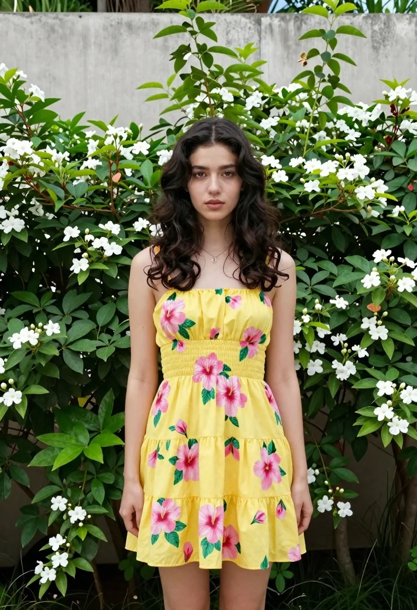 Young Woman Stands Lush Garden Wearing Bright Yellow Floral Dress reference photo