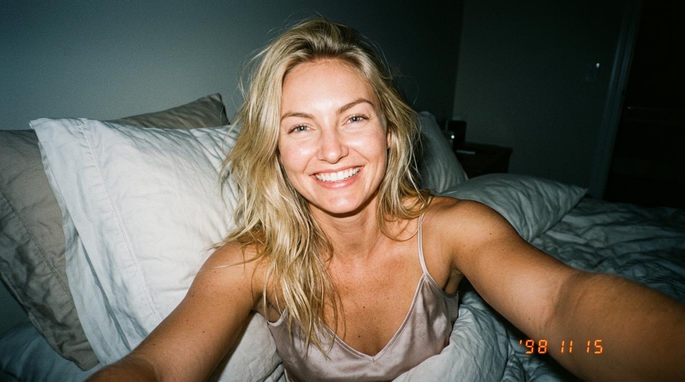 Late 1990s Selfie In Bed Rumpled Pillows