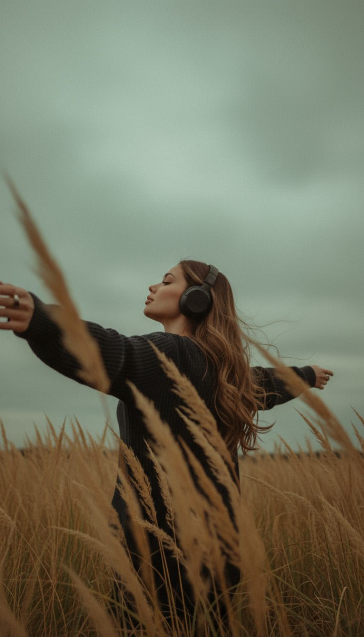 A person in dark clothing wearing large headphones stands in a vast field of pampas grass, arms outstretched, embracing the gentle wind.