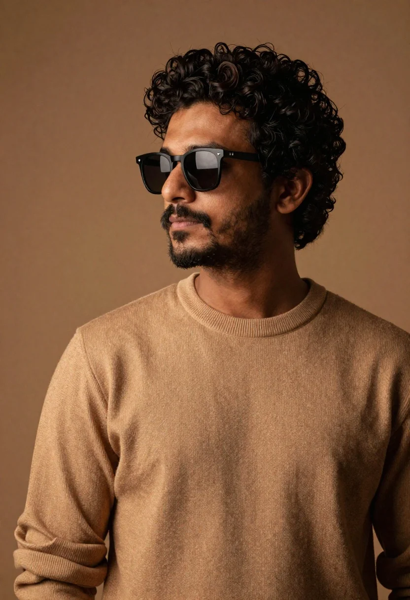 Portrait Man With Curly Dark Hair And Beard Wearing Black reference photo