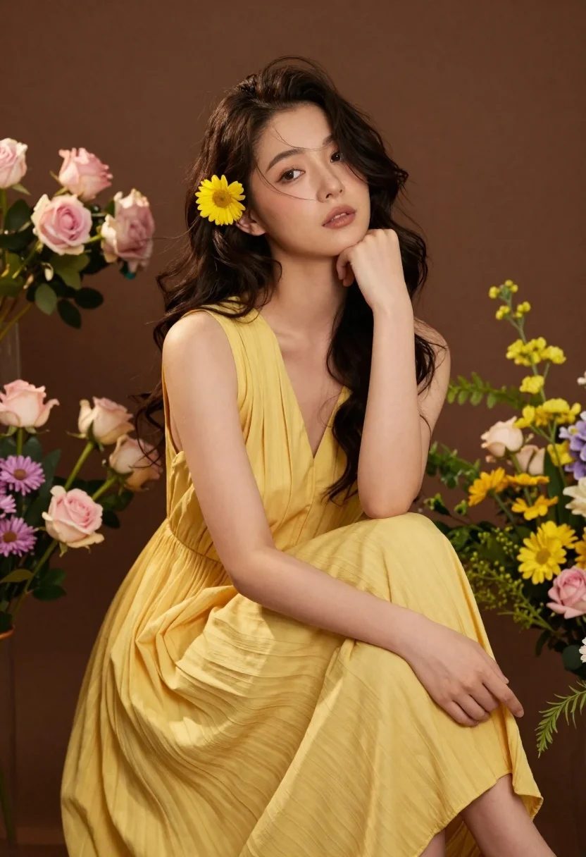 Young Woman With Dark Wavy Hair Sits Gracefully Yellow Sleeveless reference photo