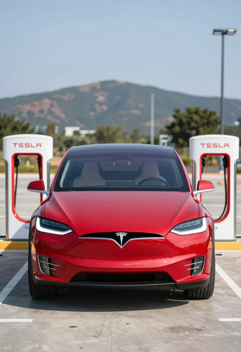Sleek Red Tesla Model Parked Charging Station With Two White