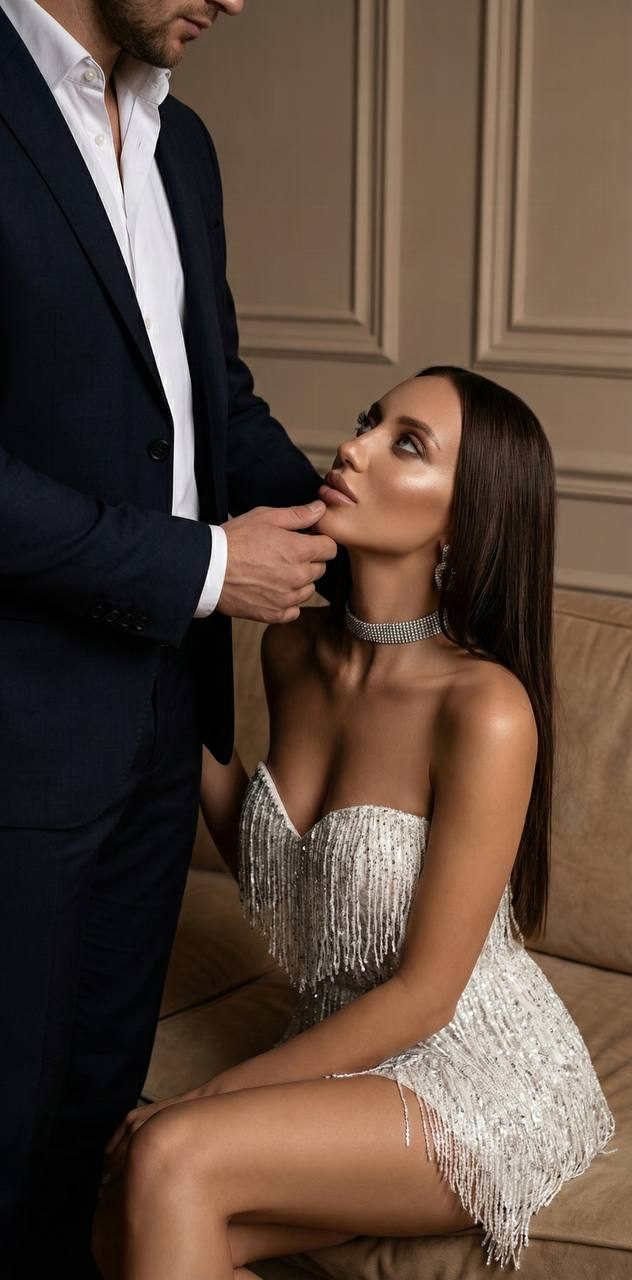 A captivating portrait of a woman with long smooth hair, wearing an elegant dress and jewelry, gazing upwards in a dramatic studio setting.