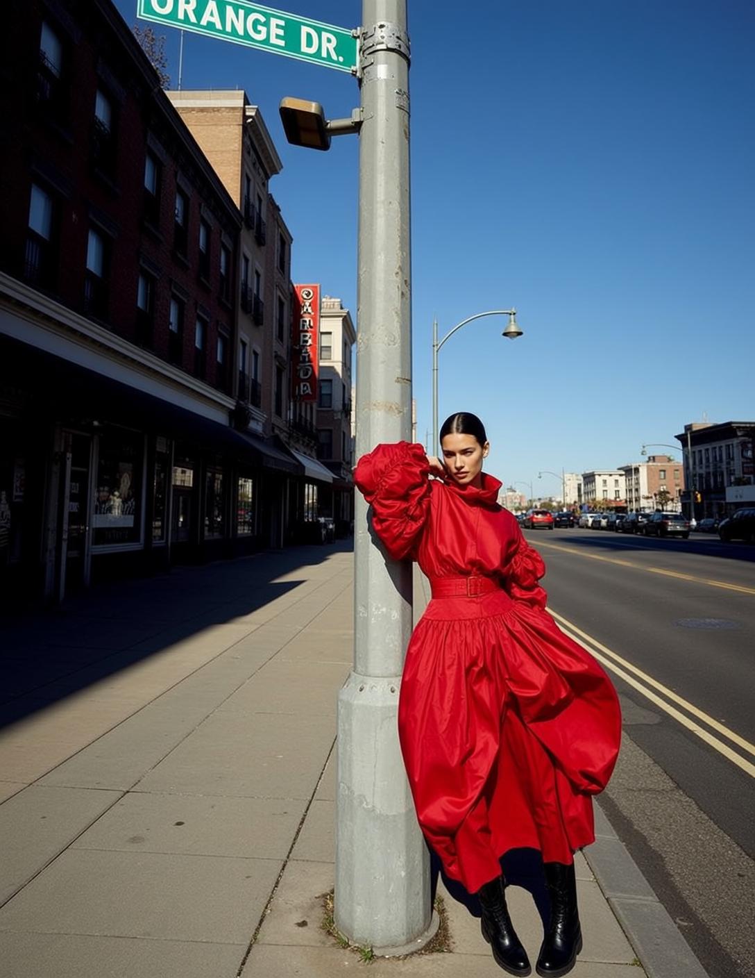 Red Dress City Lamppost Woman Looking At Viewer