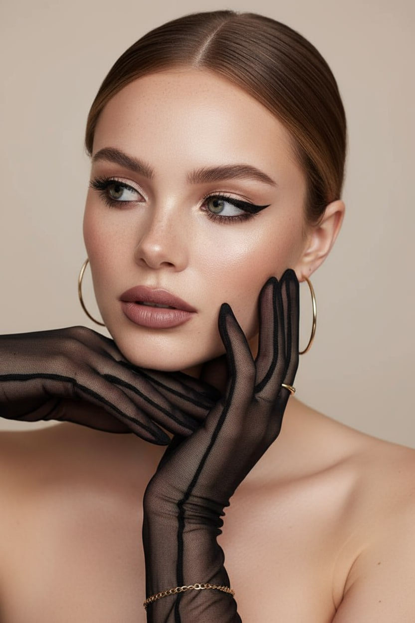 Close-up high-fashion portrait of a woman with dramatic winged eyeliner, glowing skin, and elegant accessories.