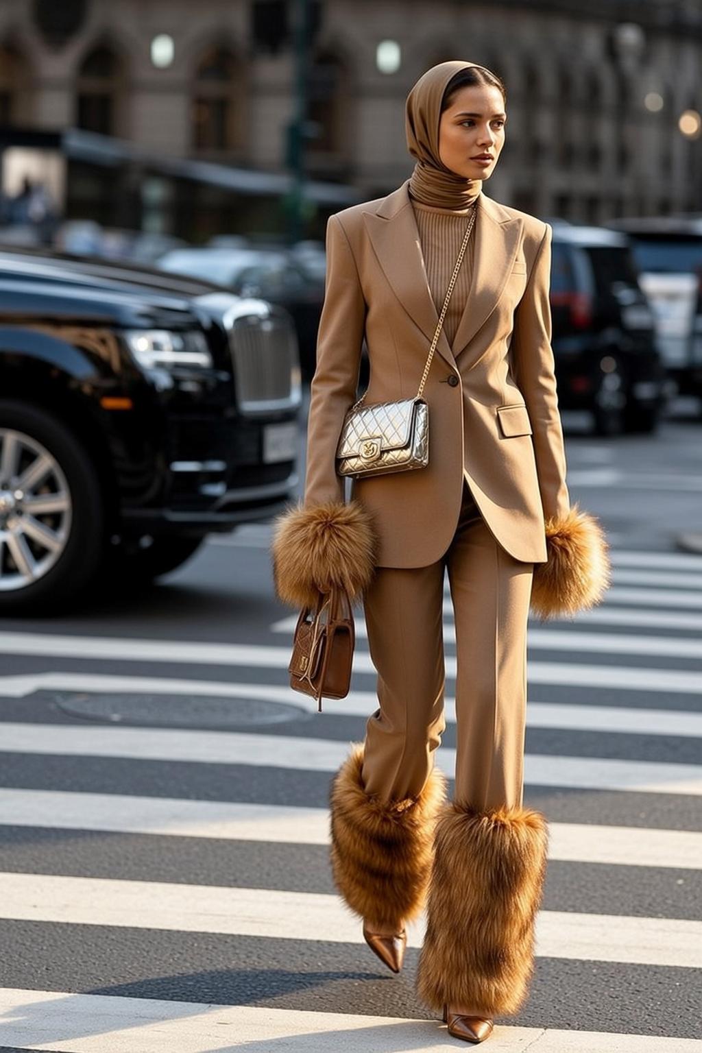 Fashion Week Light Tan Ribbed Turtleneck Suit