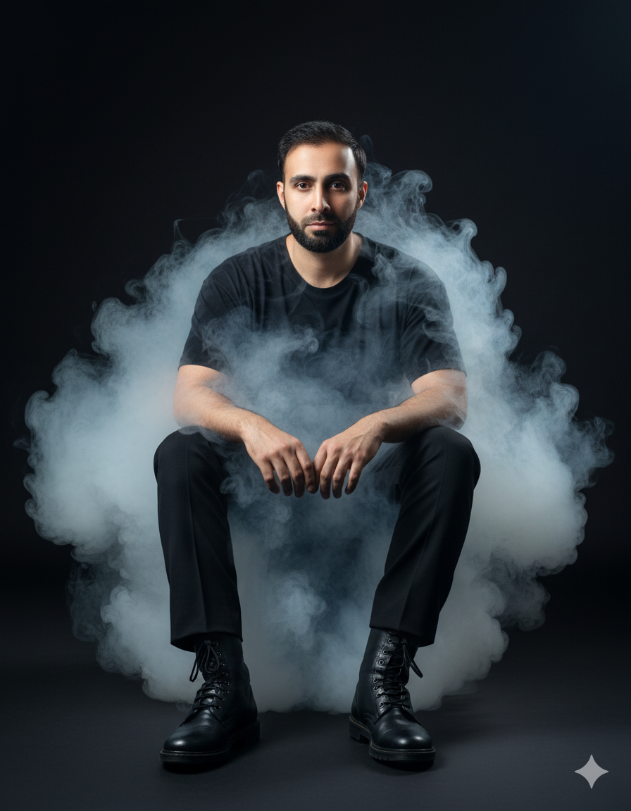 Ultra-realistic portrait of a calm man in a white smoke cloud, cinematic lighting highlights his serious expression.