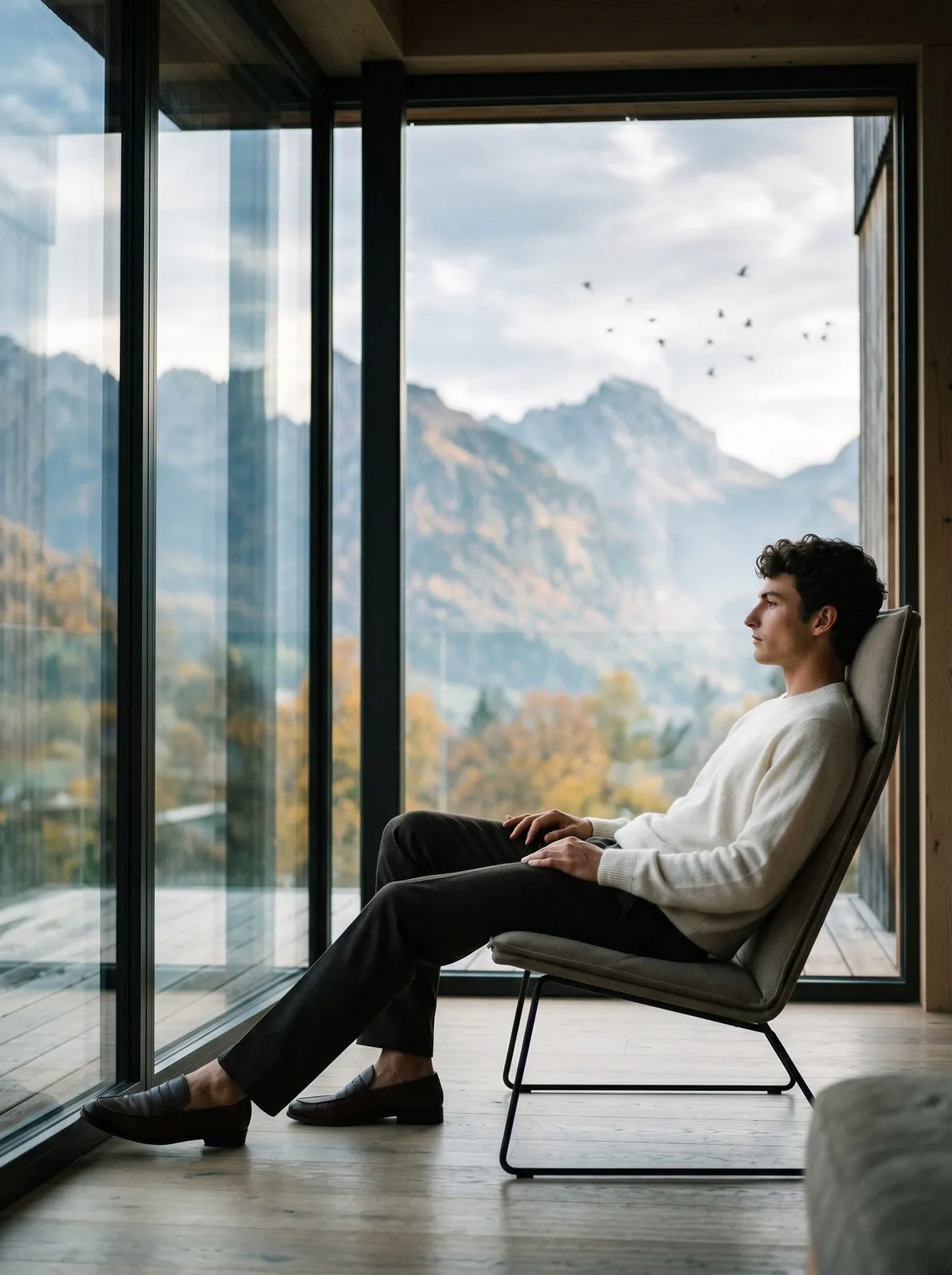 Profile Panoramic Window Cashmere Sweater Elegant Pose