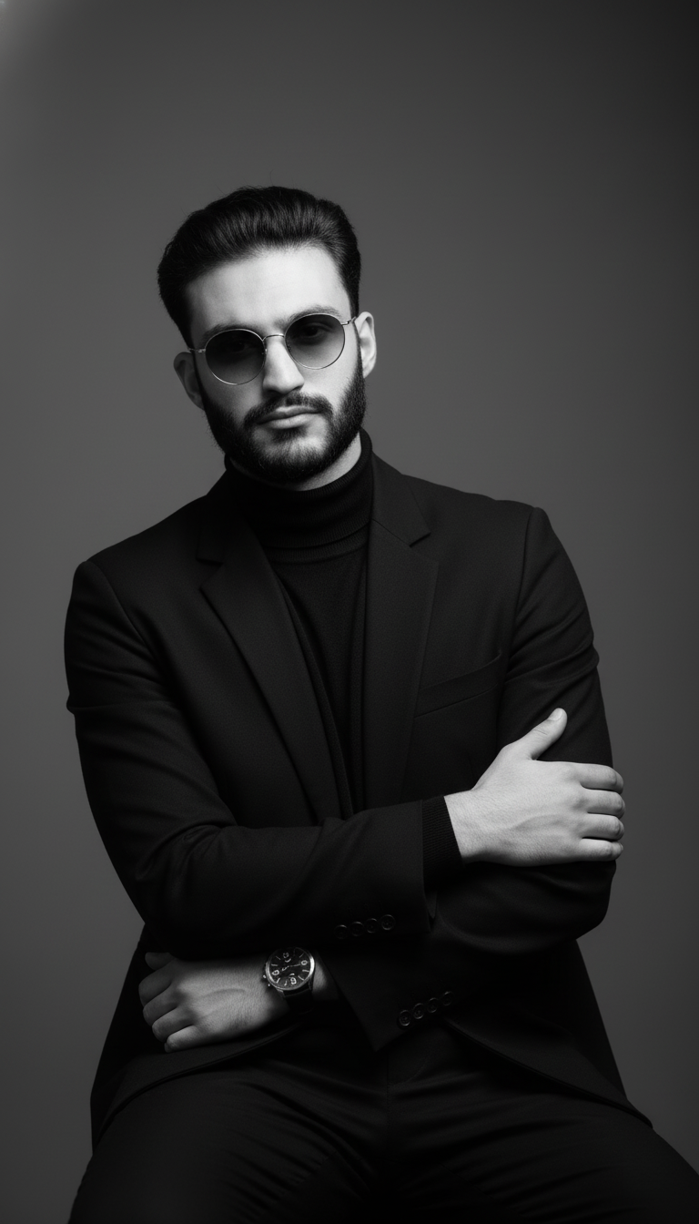 Half-length male portrait in a black blazer and fitted shirt, confidently leaning forward against a smooth dark gray background.