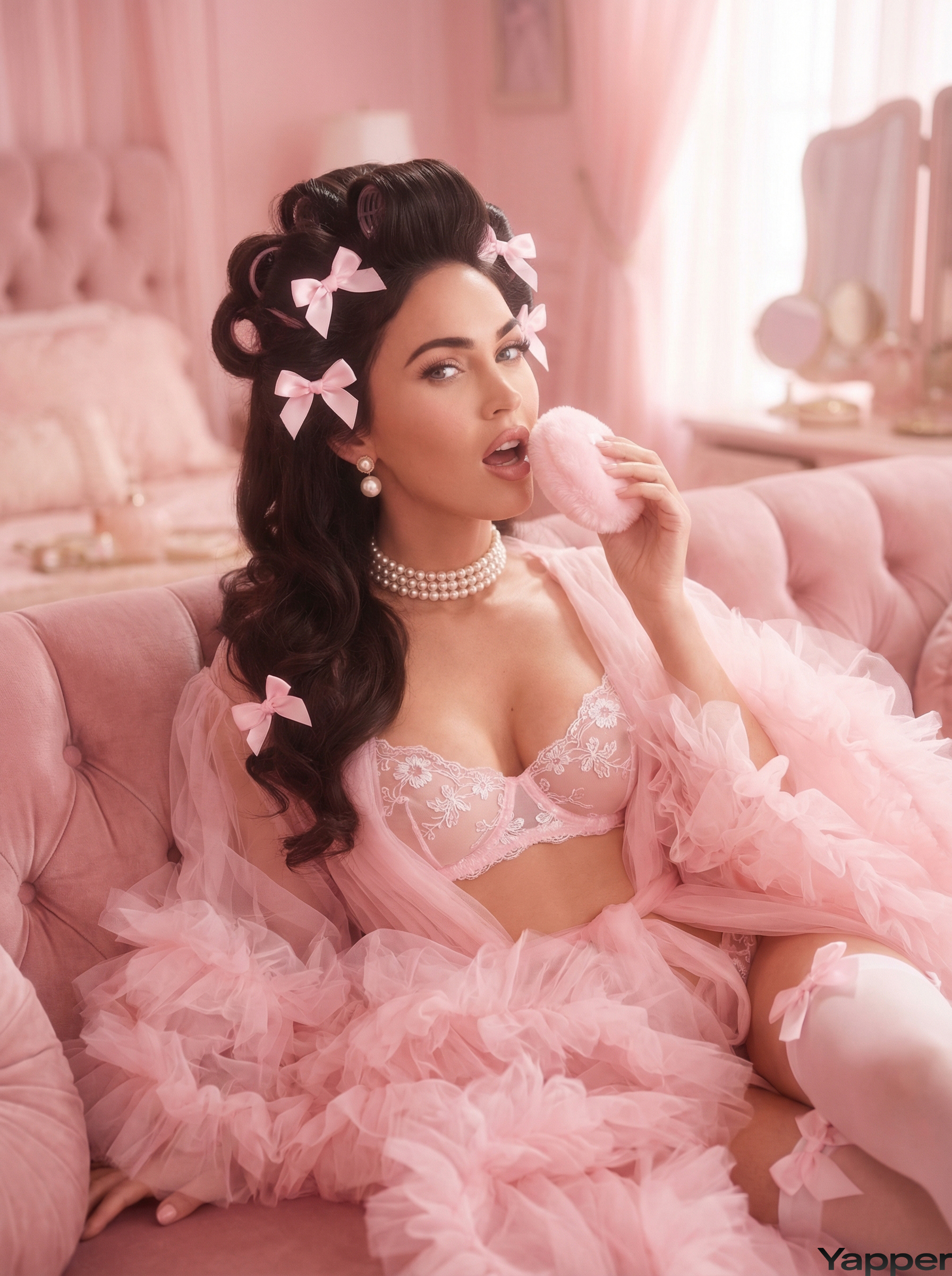 Medium shot of a person in a sheer pink tulle robe holding a powder puff, reclining on a plush pink velvet sofa.