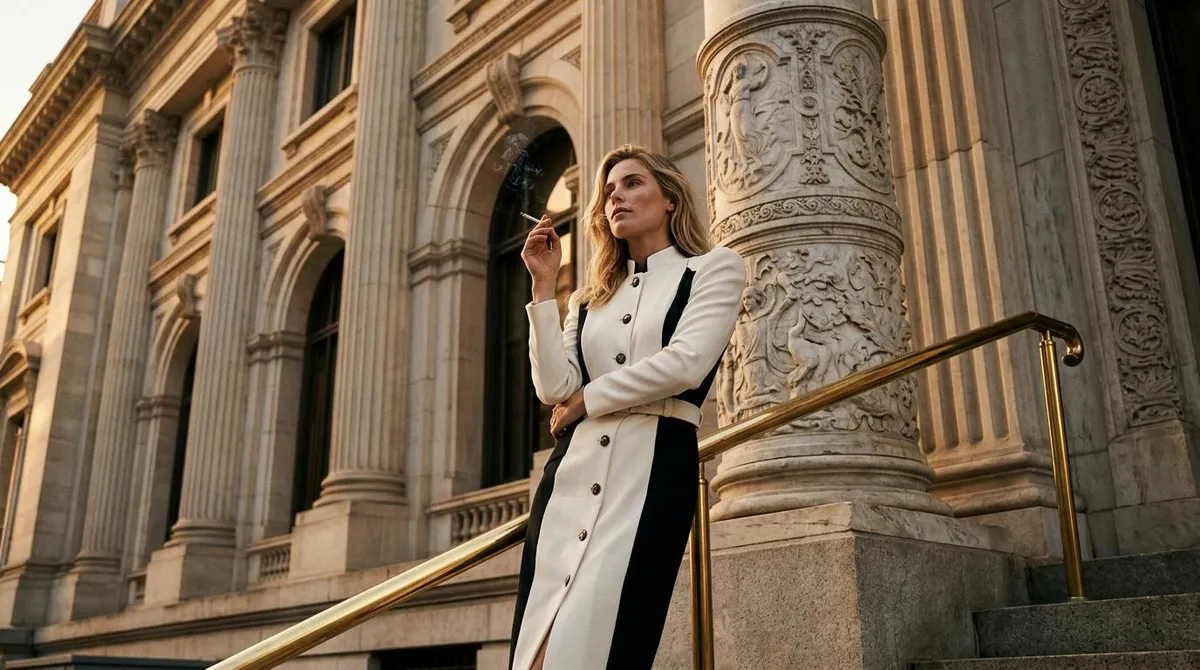 Black And White Dress On Stone Steps Late