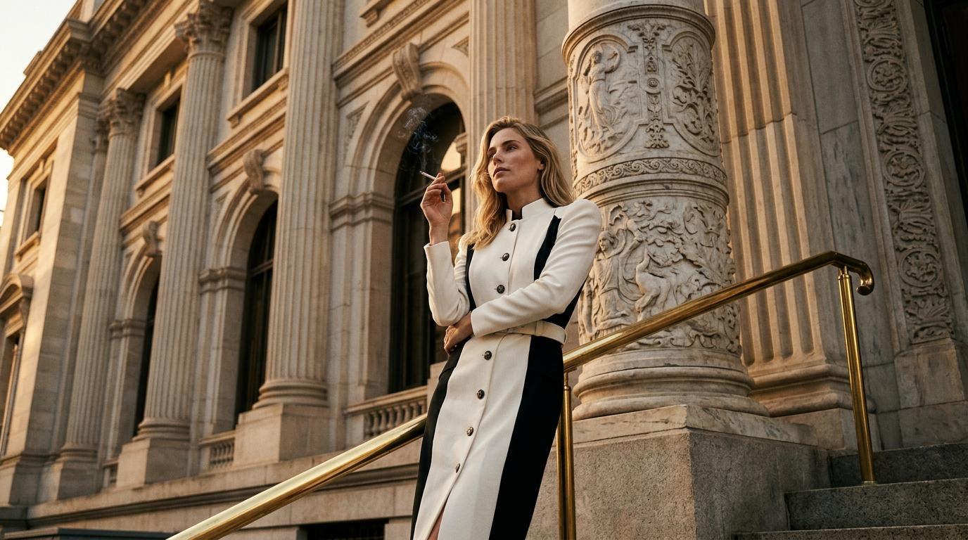 Black And White Dress On Stone Steps Late