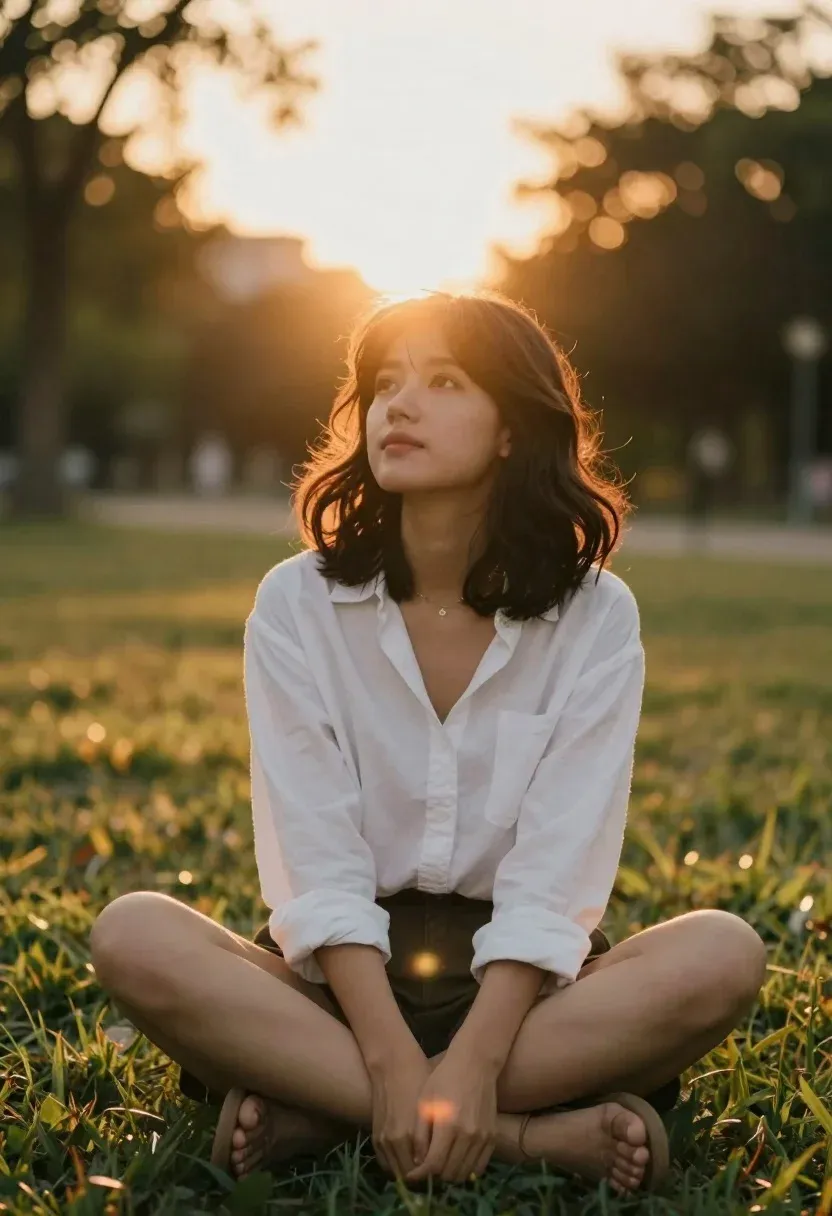 Young Woman Sits Cross-legged Grassy Lawn The Sun Sets Directly
