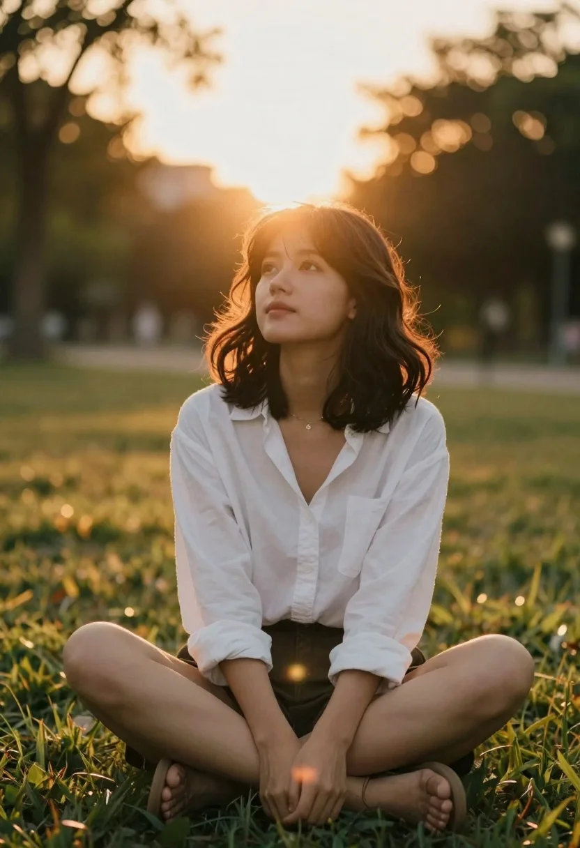 A young woman sits cross-legged on a grassy lawn during sunset, with a glowing halo effect around her hair.