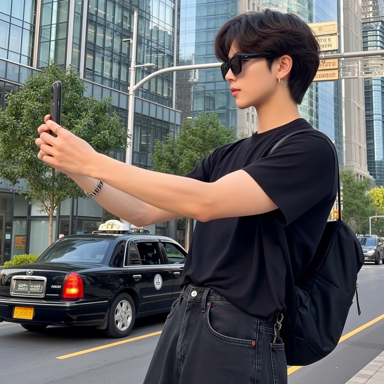 Explore Young Stands City Street Holding Smartphone