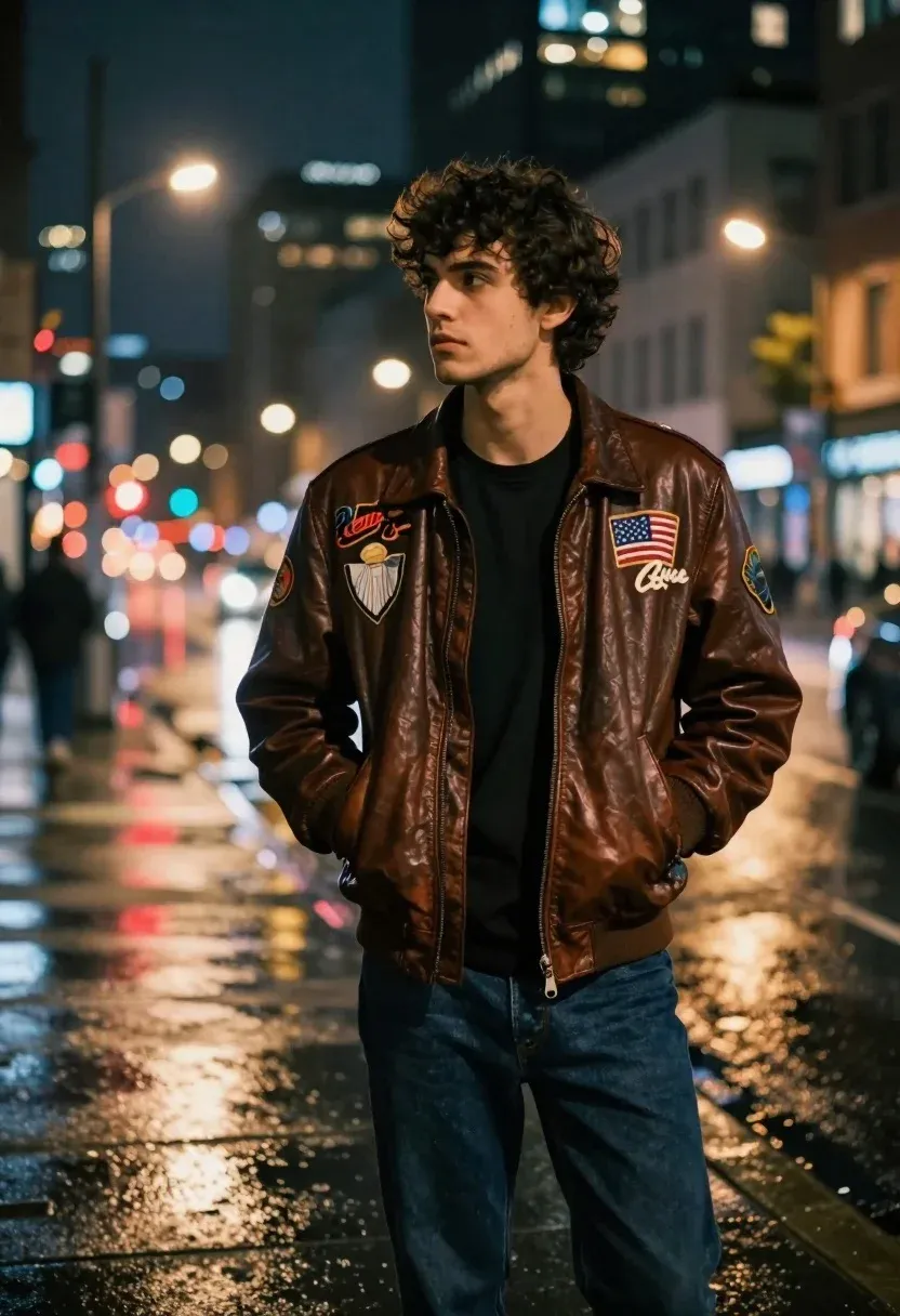 Young Man With Dark Curly Hair Stands Wet City Sidewalk