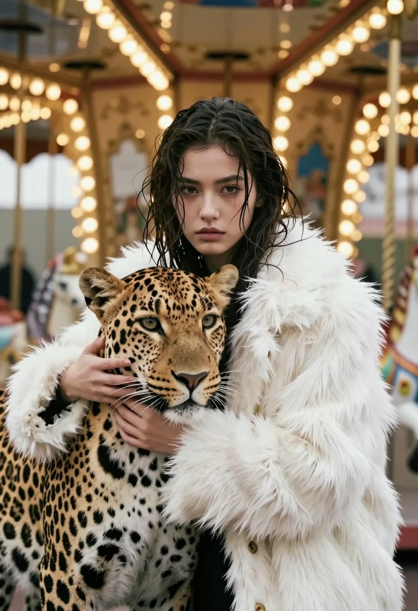 A woman gently holding a leopard's head with a blurred carousel in the background, soft lighting accentuating her wet hair.