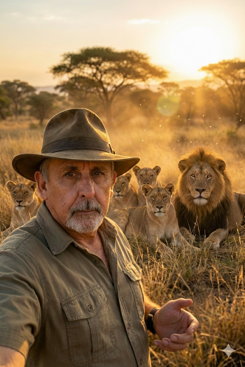 A person taking a one-handed selfie in the African savanna, wearing a rugged khaki shirt and Indiana Jones hat, with lions in the background under warm sunset light.