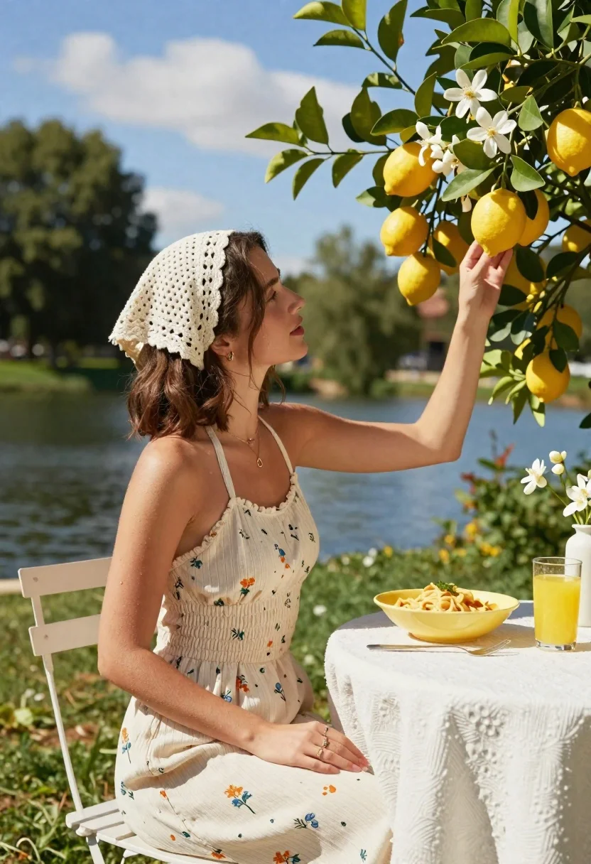 Woman Sits White Table Outdoors Sunlit Garden Setting Subject Young reference photo