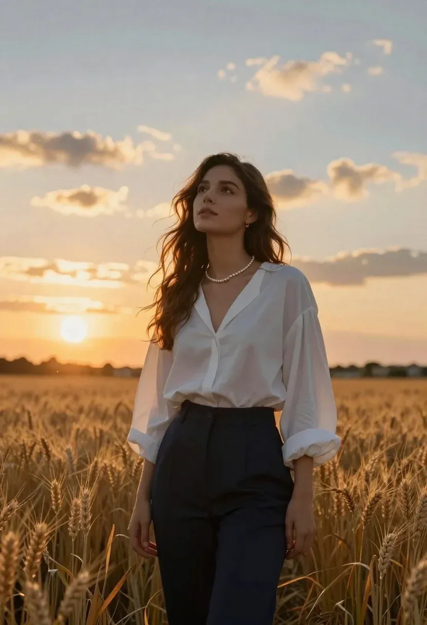 Portrait Woman Standing Golden Wheat Field Sunset Subject Young Woman