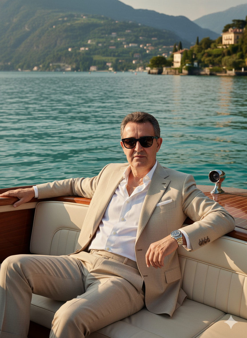 A man in a light beige suit relaxing on a luxury boat, enjoying a calm lake view with mountains in the background.