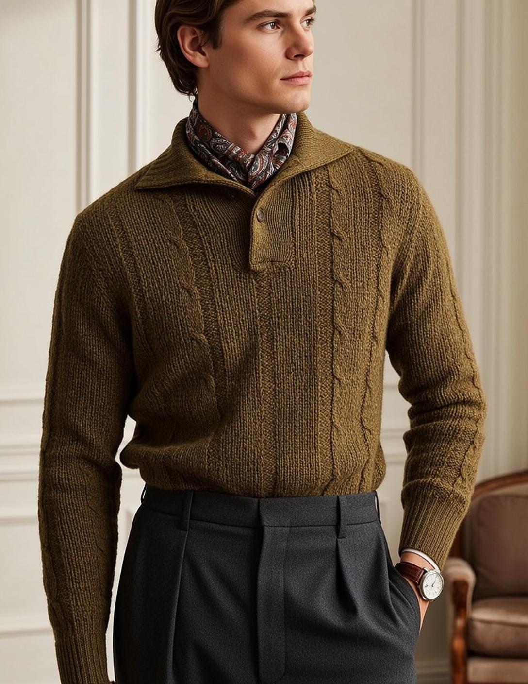 Young Brown Wavy Fair Olive Green Cable-knit