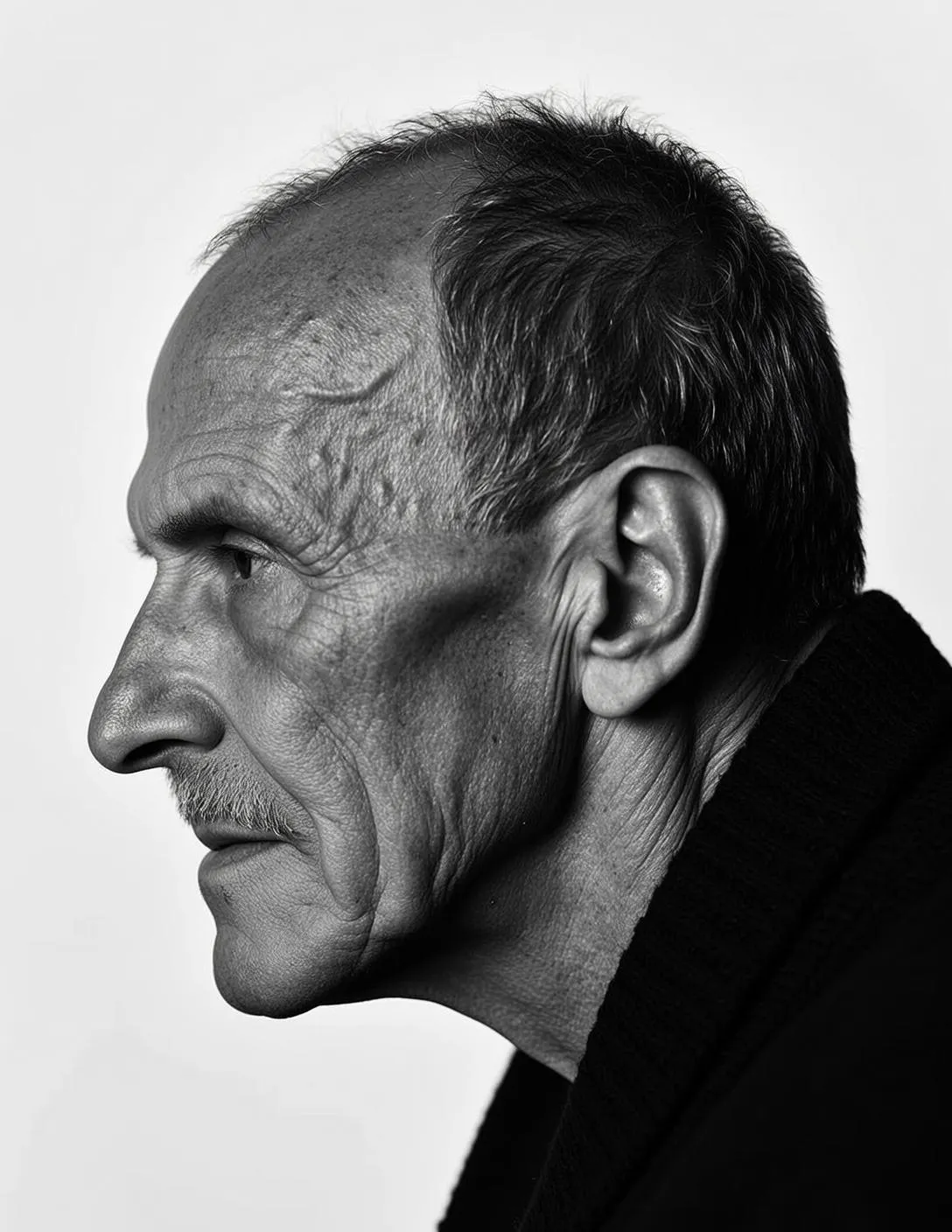 Black And White Medium Close-up Portrait Elderly Man Profile Facing