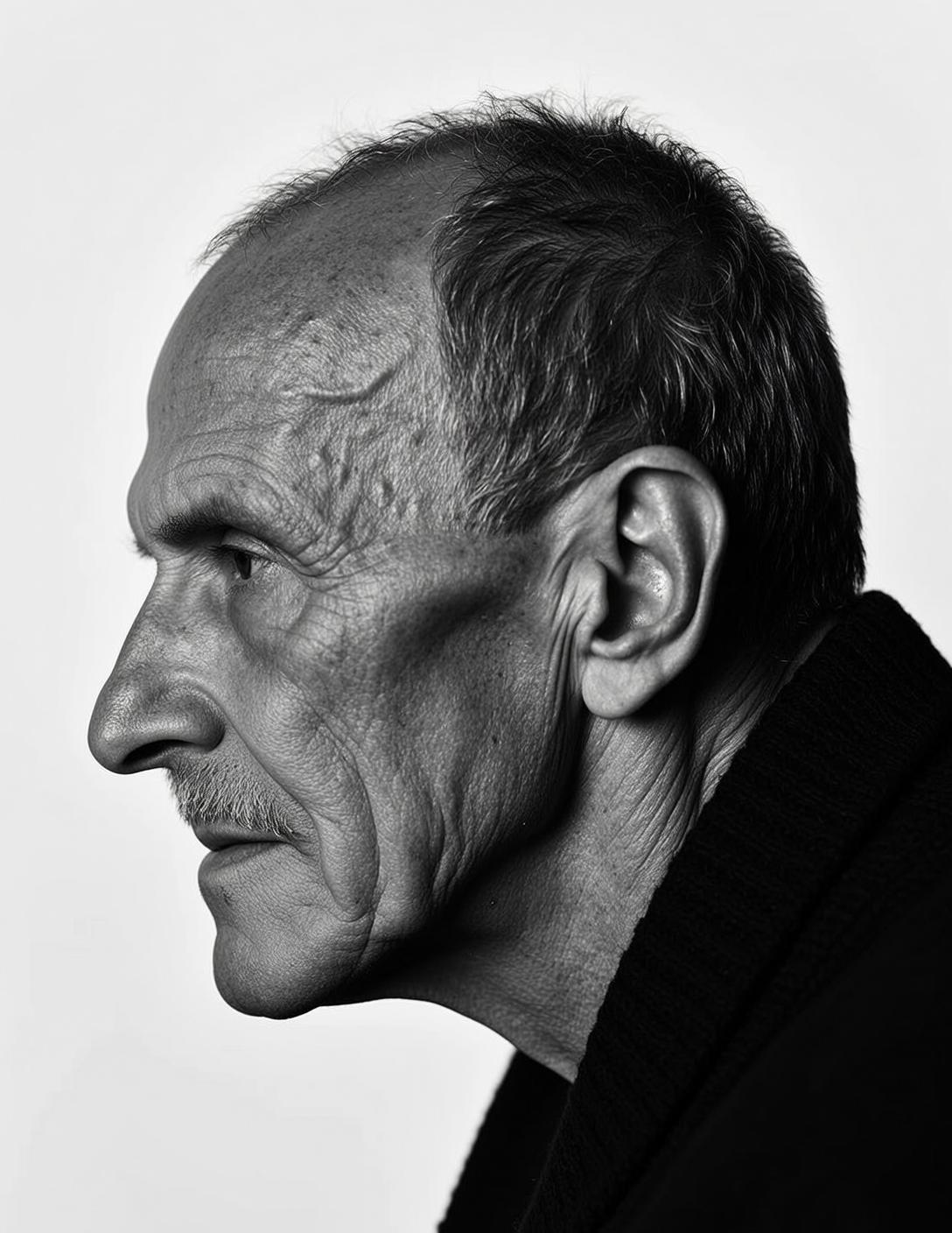 Black And White Medium Close-up Portrait Elderly Man Profile Facing
