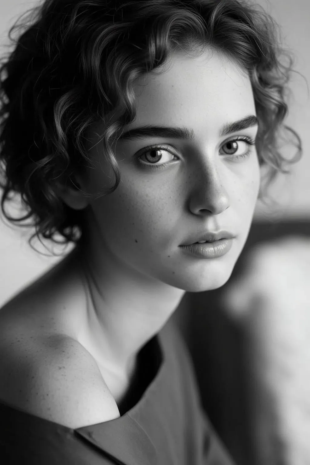 Black White Medium Close-up Young Curly Dark