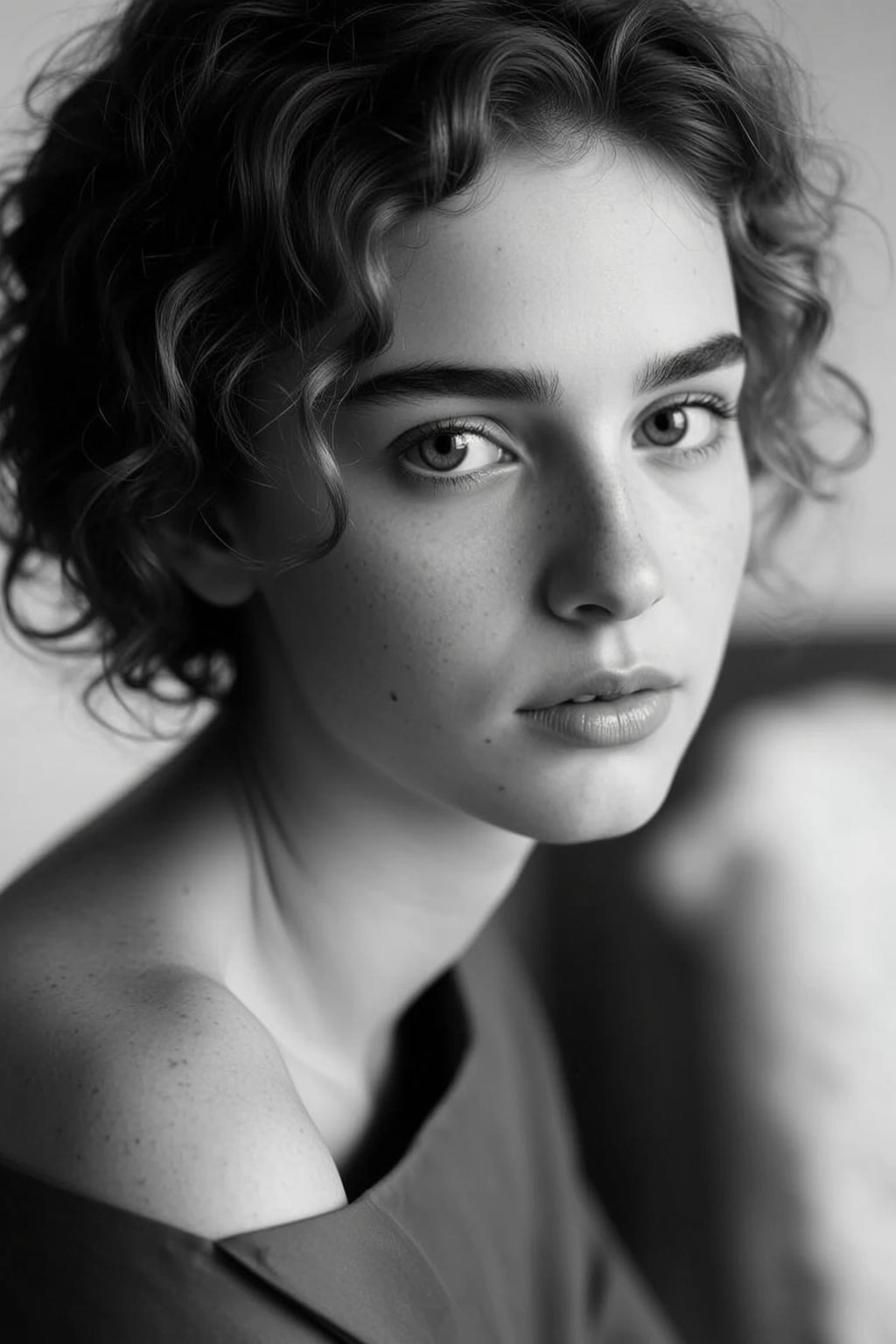 Black White Medium Close-up Young Curly Dark