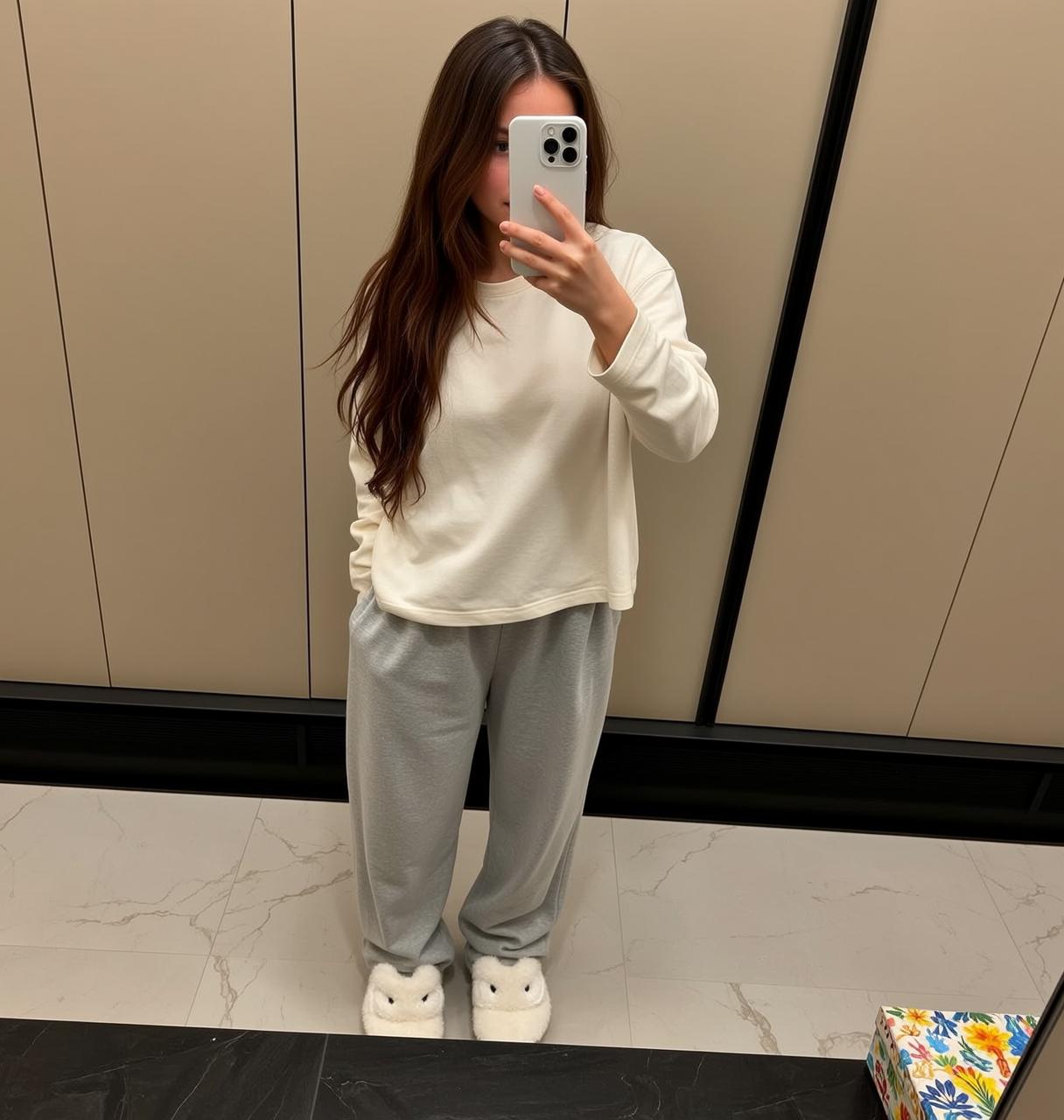 Cream Sweatshirt Grey Sweatpants Selfie