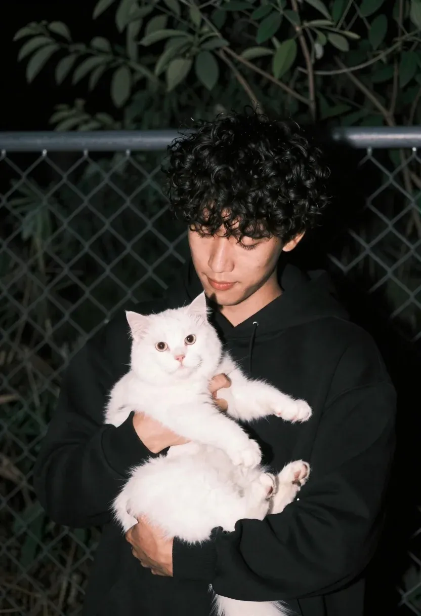 Young Man With Dark Curly Hair Gently Cradles Fluffy White