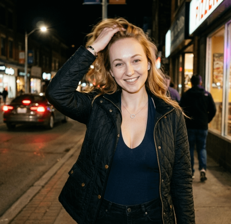 Photorealistic Night Street In On Busy City Sidewalk