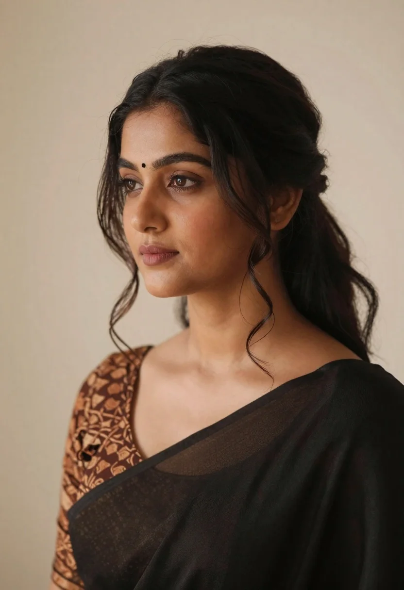 Soft-focus Portrait Woman With Dark Wavy Hair Styled Half-updo And reference photo