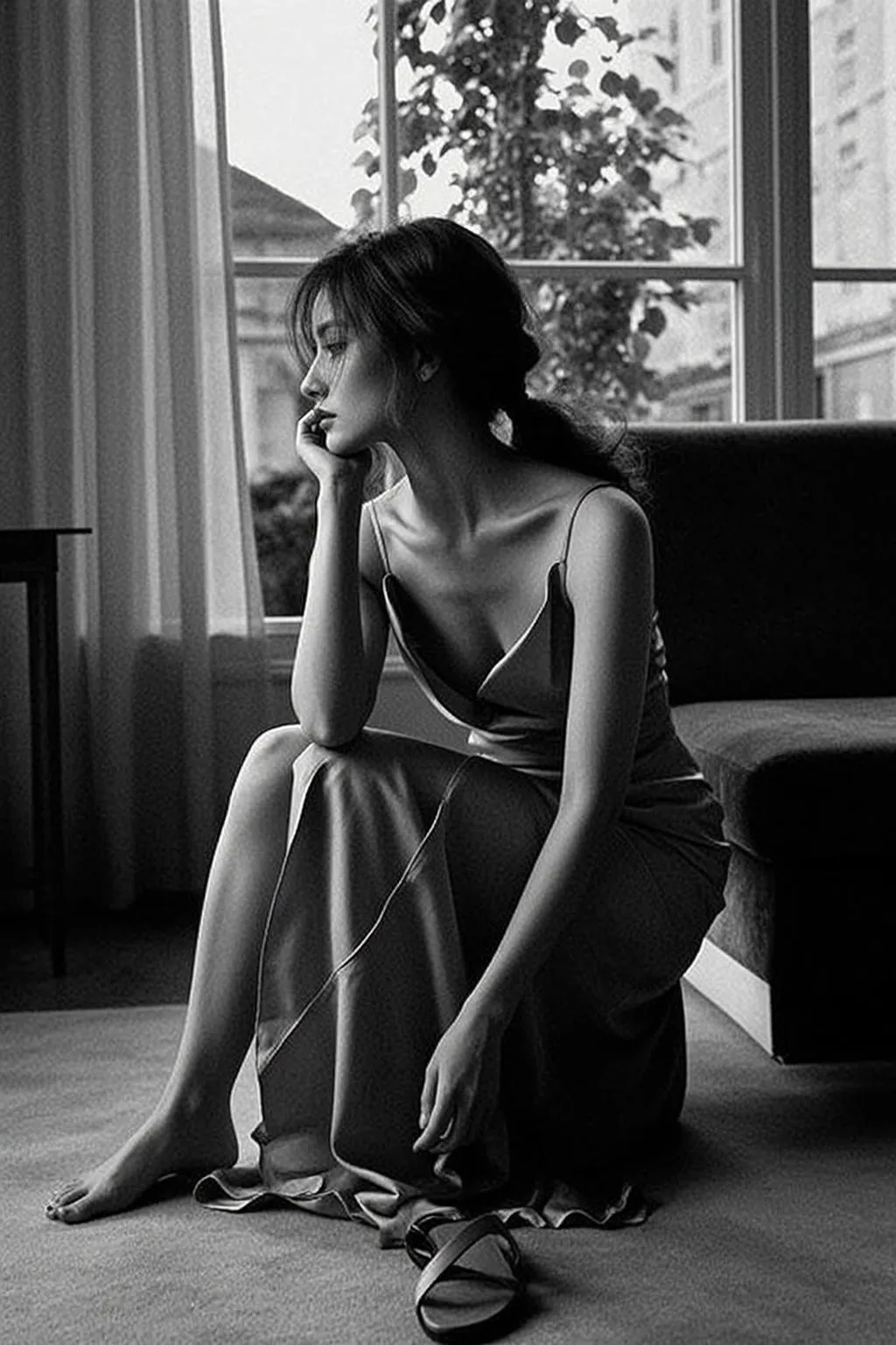 Photorealistic Black And White Portrait Shows Young Woman With Dark
