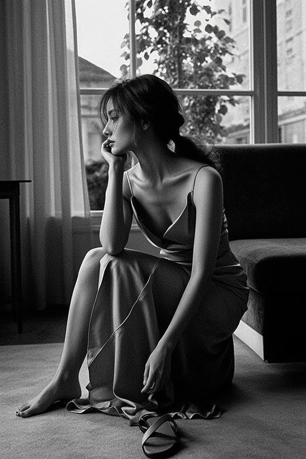 Photorealistic Black And White Portrait Shows Young Woman With Dark