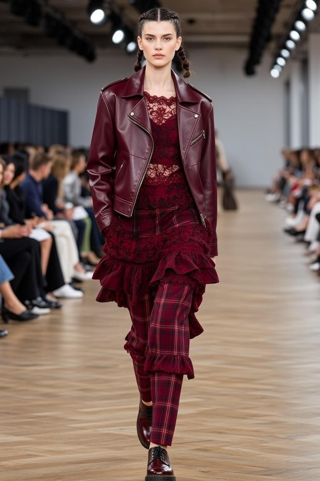 Burgundy Lace Camisole Plaid Pants Runway Model Walking