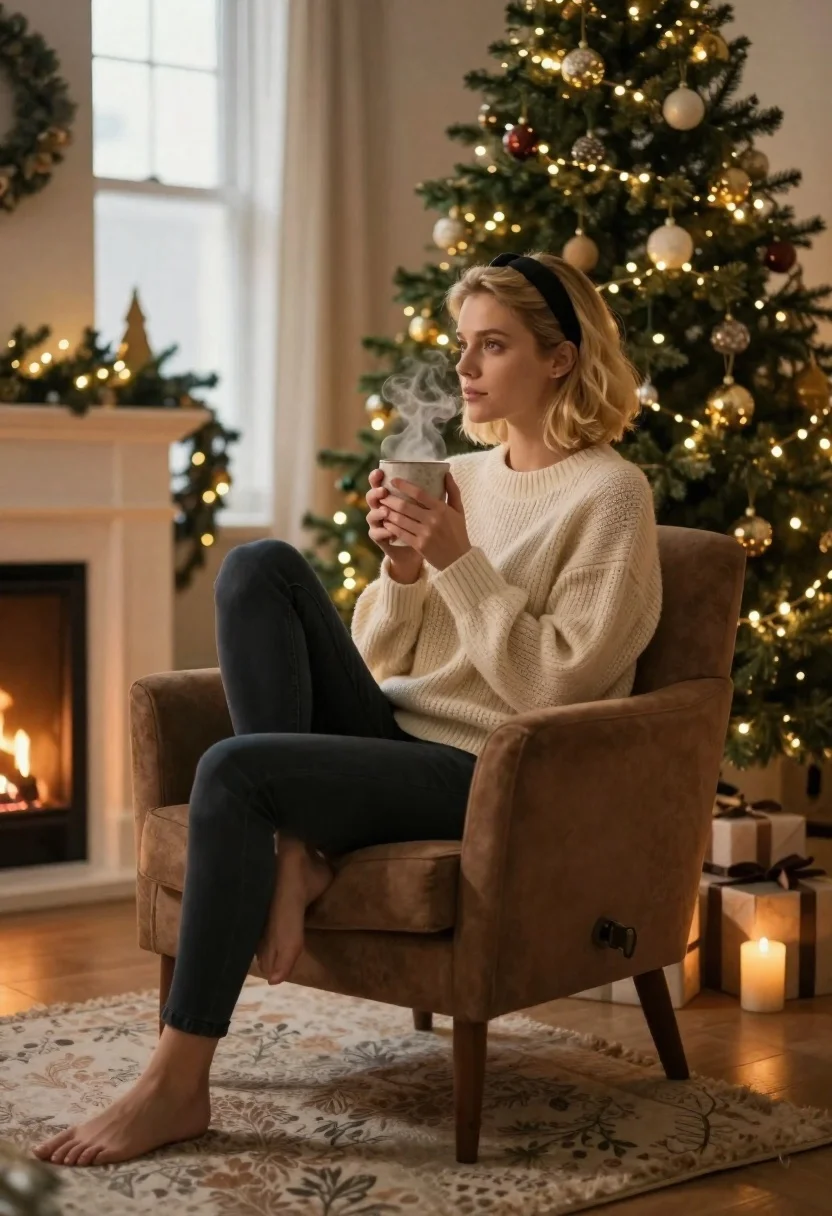 Cozy Indoor Scene Featuring Young Woman Sitting Armchair Next Decorated