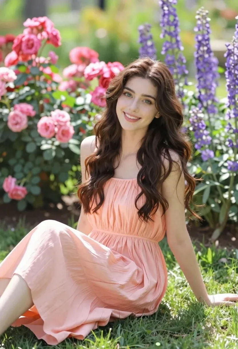 Young Woman With Long Wavy Brown Hair Sits Smiling Grassy