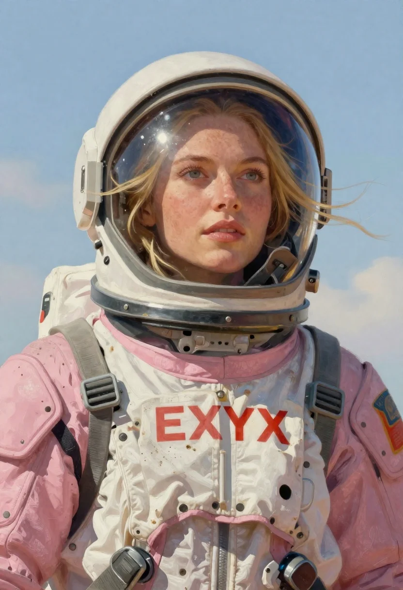 Close-up Portrait Female Astronaut With Fair Skin And Freckles Wearing reference photo
