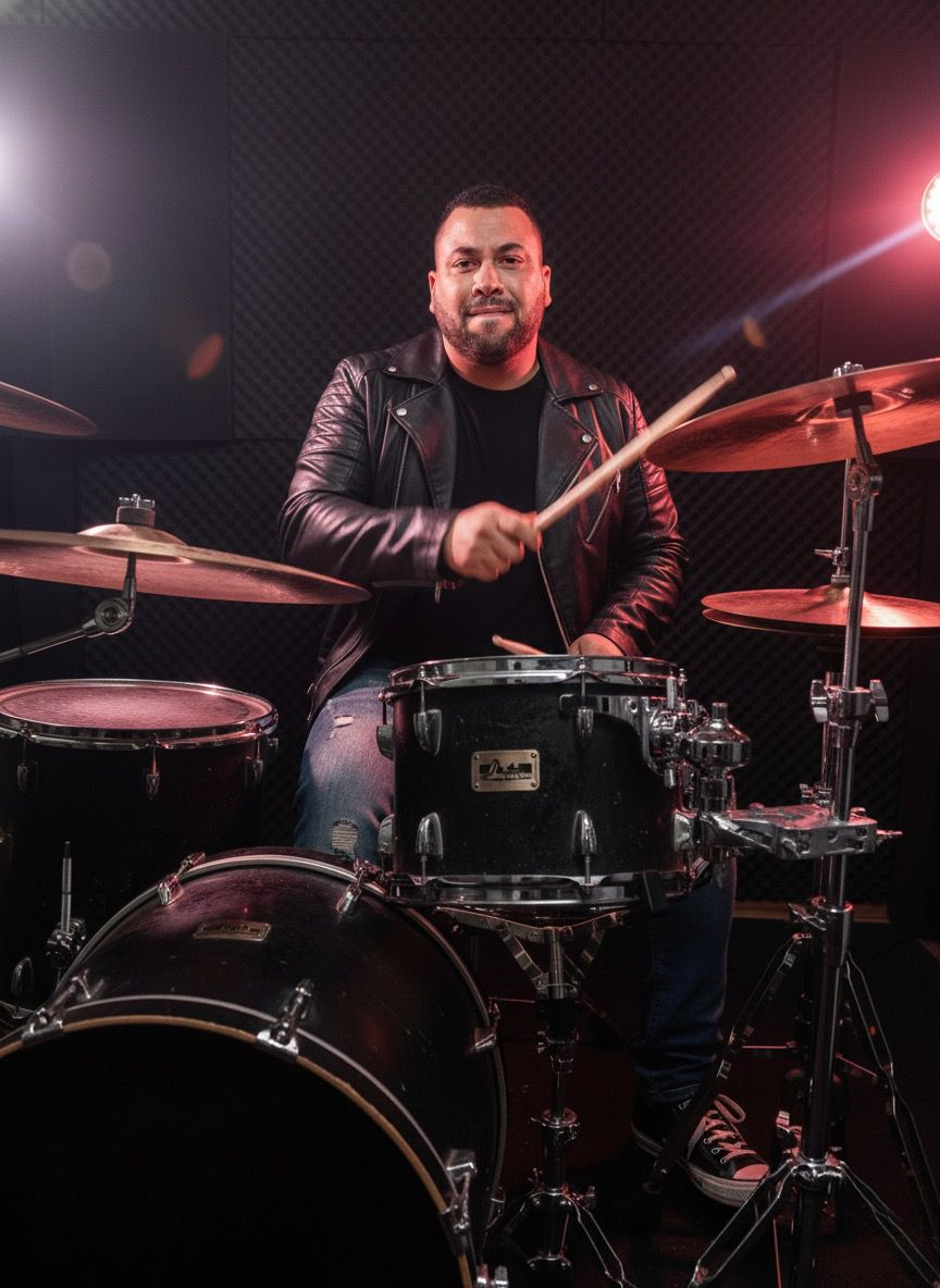 Realistic portrait of a male drummer in a rehearsal room, playing passionately with stage lights illuminating his face.